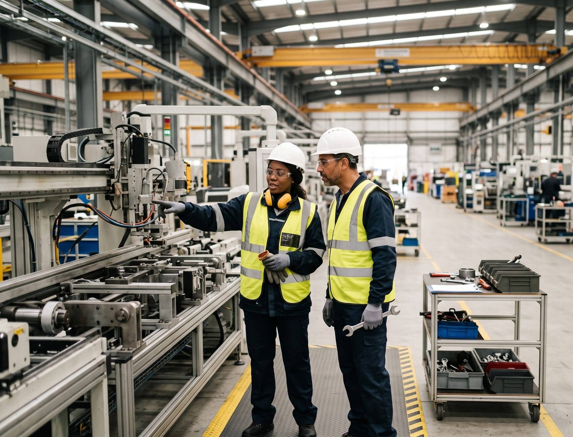 Two manufacturing operators inspecting a finished machined part on the production floor